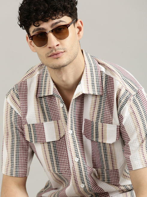 Multicolor Striped Short Sleeved Oversized Shirt